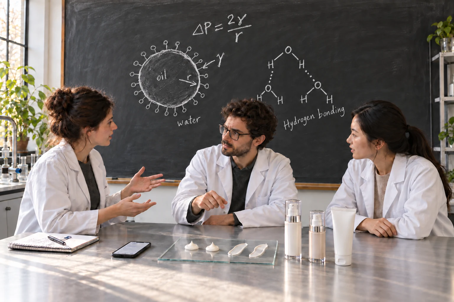 Illustrative scene of three researchers discussing finished cosmetic products, lotion dollops and smears on glass, with a large chalkboard showing emulsion and hydrogen-bonding diagrams.