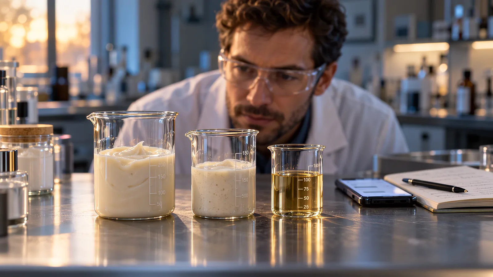 Illustrative scene of a formulator closely observing lotion experiments at eye level.