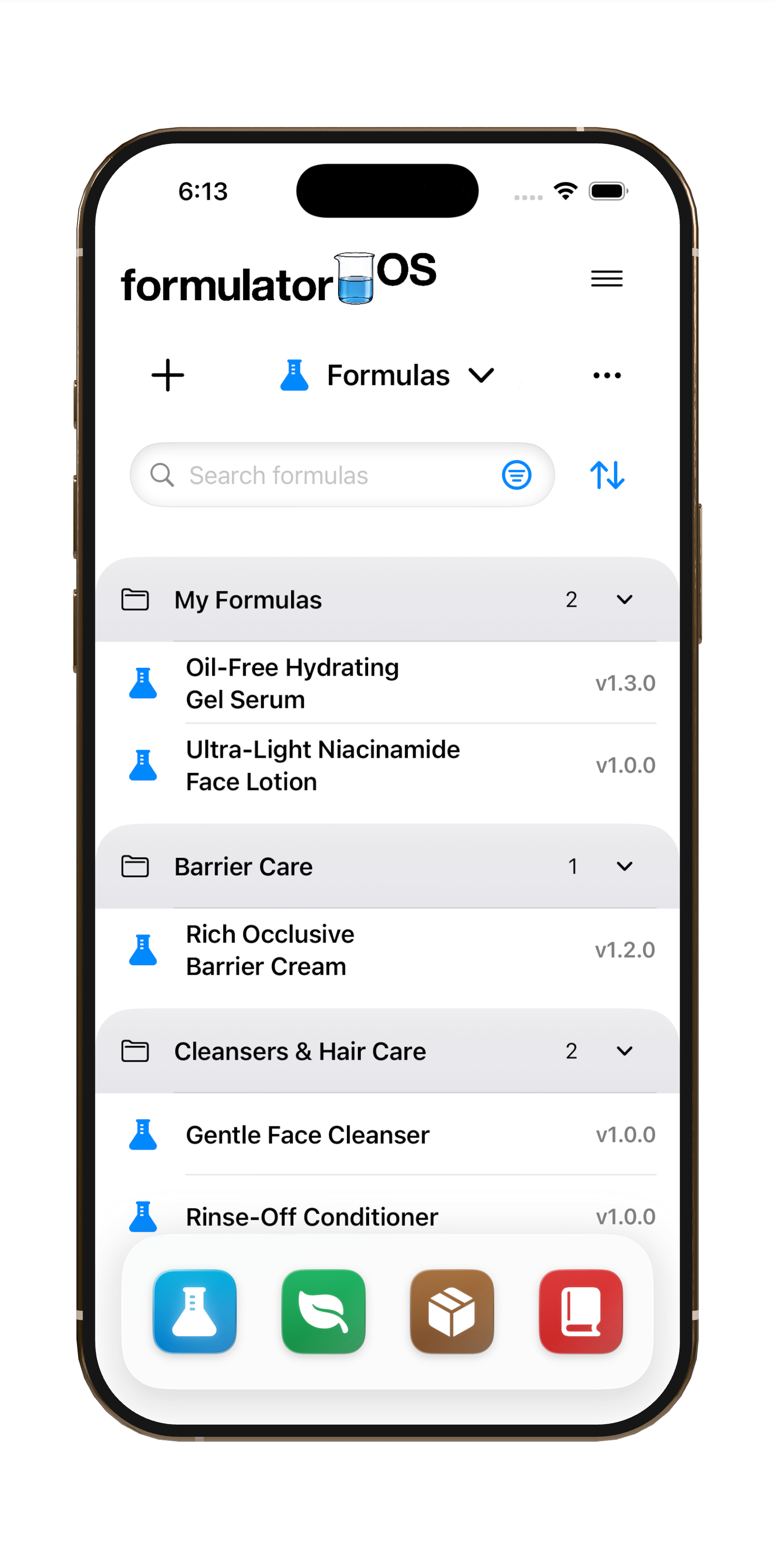 formulator OS Formula library showing organized folders and current version labels for several cosmetic formulas.