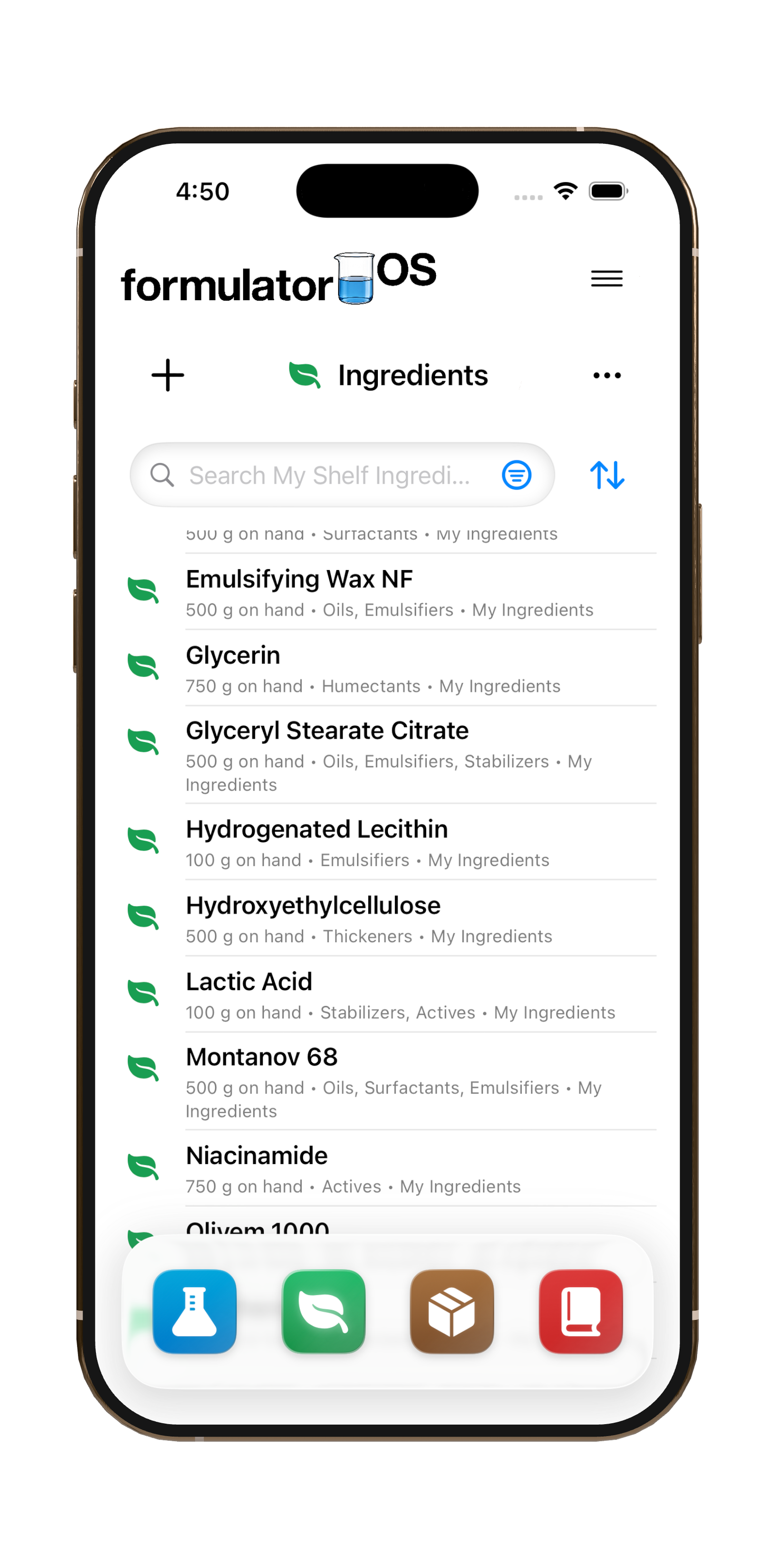 formulator OS Ingredients library showing owned cosmetic ingredients, quantities on hand, and categories.